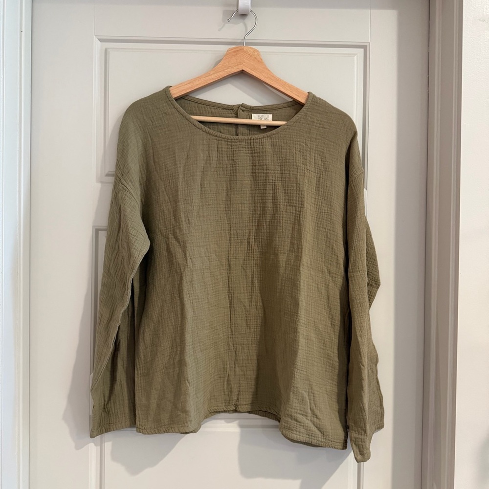 The Simple Folk‎ Organic Cotton Gauze Olive Green Button Back Top Size Small